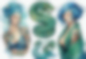 a blue-green serpent wrapped around a beautiful woman with blue hair tattoo idea