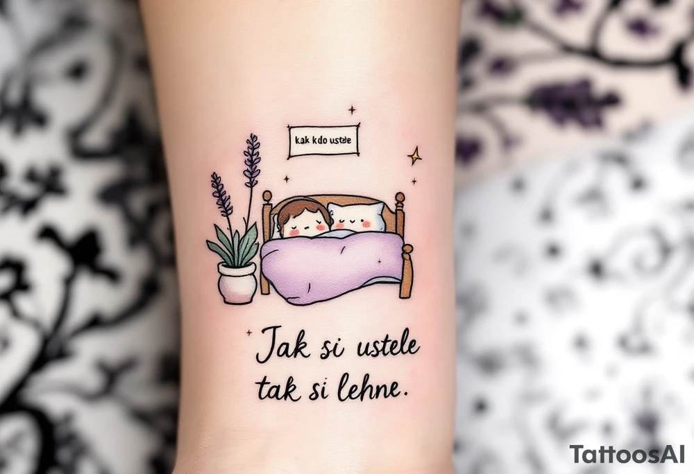 "Jak si kdo ustele, tak si lehne." — A cozy bed drawn in fine black linework, surrounded by delicate lavender accents and the quote on a pillow tag. tattoo idea