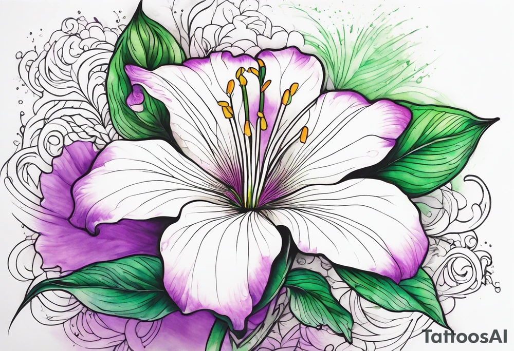 An outline of a rio dipladenia flower with a green and purple watercolor mix in the background tattoo idea