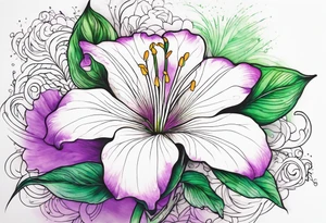 An outline of a rio dipladenia flower with a green and purple watercolor mix in the background tattoo idea