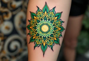 This golden Celtic sun, with emerald green knotwork, glows like an ancient druidic emblem on the forearm. tattoo idea