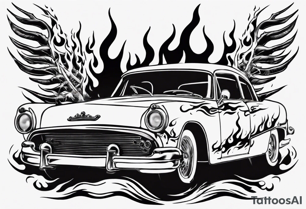 vintage classic car with flames coming out of the bonnet and a skeleton head at the top of the flames tattoo idea
