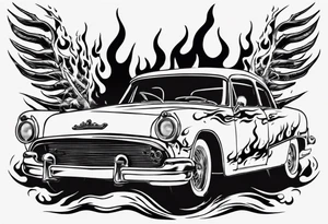 vintage classic car with flames coming out of the bonnet and a skeleton head at the top of the flames tattoo idea