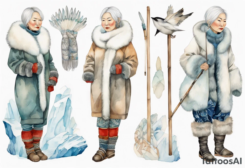 a middle aged Inuit woman with white hair, wearing fur mittens, holding a white staff, wearing mukluks, standing on an iceberg tattoo idea