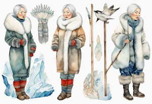 a middle aged Inuit woman with white hair, wearing fur mittens, holding a white staff, wearing mukluks, standing on an iceberg tattoo idea
