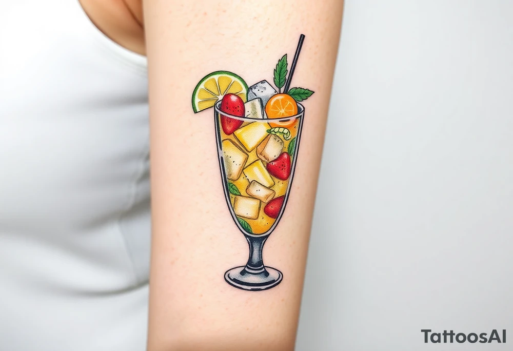 Fun island cruise cocktail with lots of garnishes and ice IN A ROCKS GLASS tattoo idea