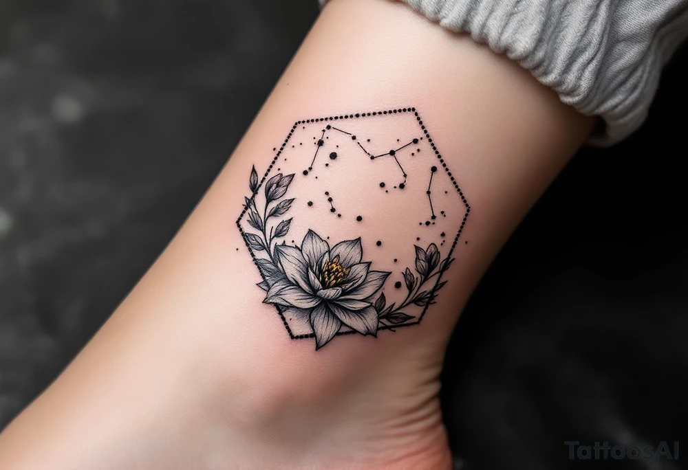 Hexagon with larkspur, water Lilly and Leo constellation tattoo idea