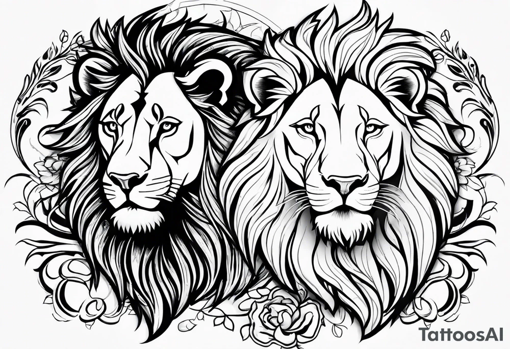 Realistic lion and lioness 
bonding tattoo idea
