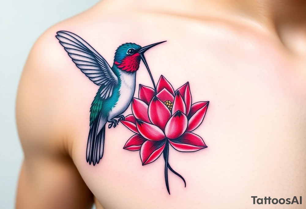A Hummingbird Drinking from a Lotus Flower (only red , blue and black are possible colors) tattoo idea