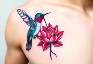 A Hummingbird Drinking from a Lotus Flower (only red , blue and black are possible colors) tattoo idea