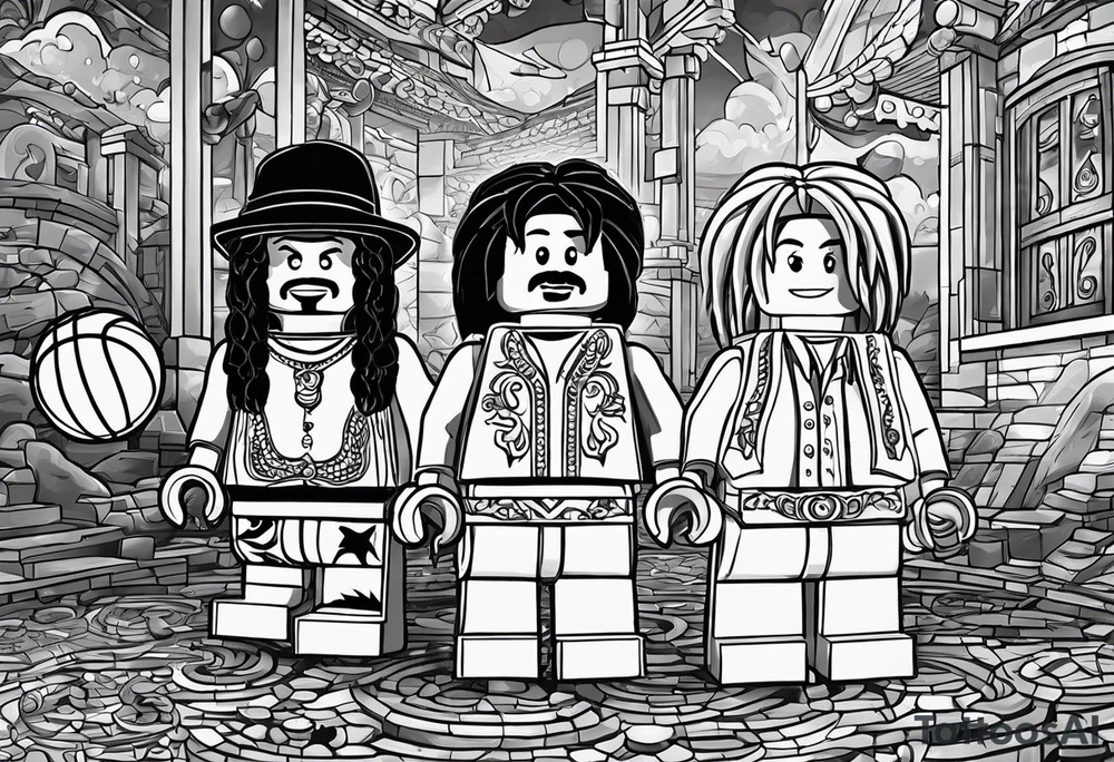 2 Lego figures in one scenery, one of them will be a Rastaman who is looking at the other one dribbling a basketball tattoo idea