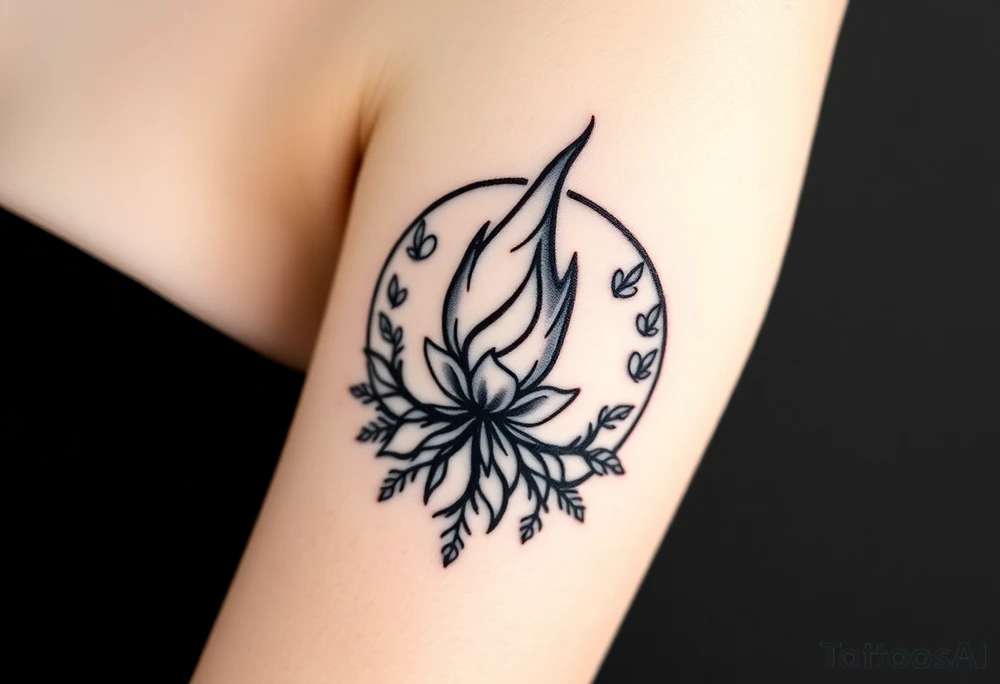 flame in a blooming roots circle tattoo idea