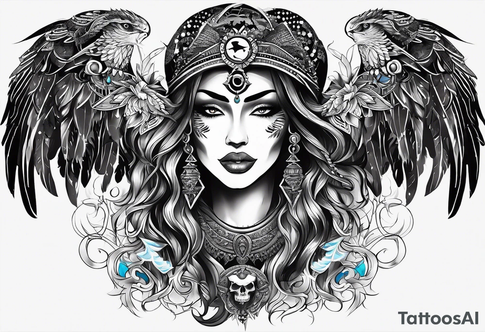 black kali, goddess pirate, alien, pachamama, valkrye, warrior, skull, lotus azul, wing, eagle, zenza resonance, stars, 5D tattoo idea