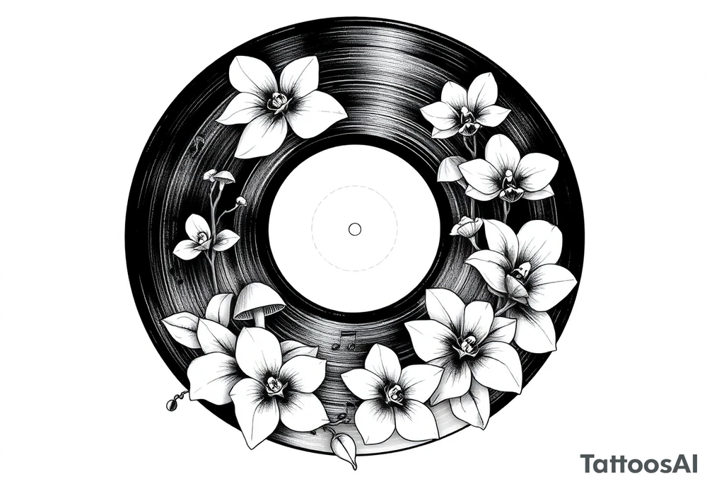 one black and white vinyl record with mushrooms, orchids, and music notes around it tattoo idea