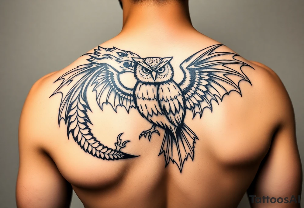 Tribal dragon and owl embracing tattoo idea