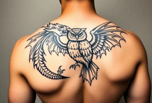 Tribal dragon and owl embracing tattoo idea