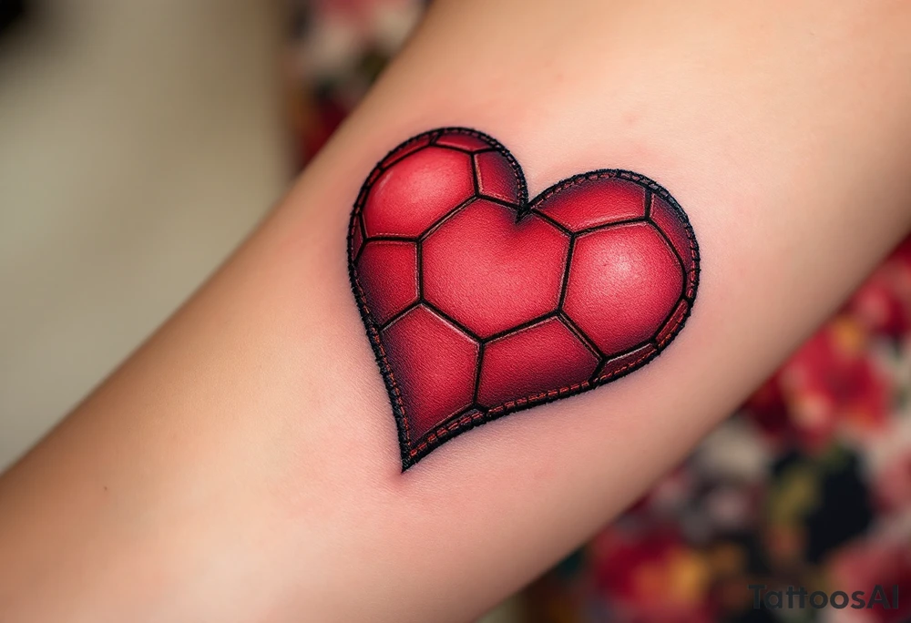 A heart-shaped red soccer ball stitched like leather, symbolizing love for the game. tattoo idea