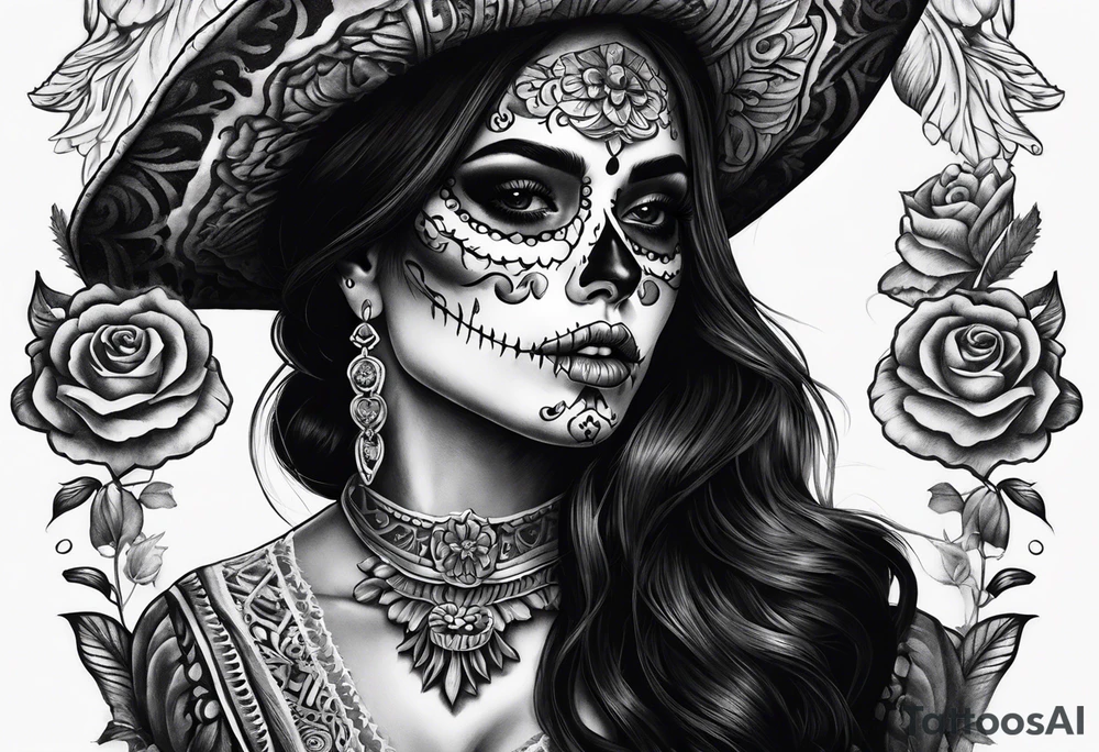 realistic mexican la catrina tattoo, finger on her lip, black hair, skeleton bone tattoo on her hand tattoo idea