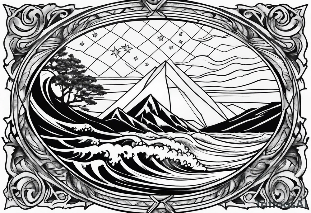 a diamond shaped window with waves crashing on a mountain and tress. 3 stars are in the sky tattoo idea