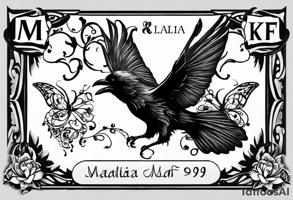 A black and white tattoo.
A butterfly flies. A raven flies. 
The animals fly around the name Malia.

In the background is the name Malia.
In the background is the name SKF.
The number 89 can be seen in the background.
There is also a scorpion in the wing of the butterfly.
This tattoo is black and white and on the arm. tattoo idea