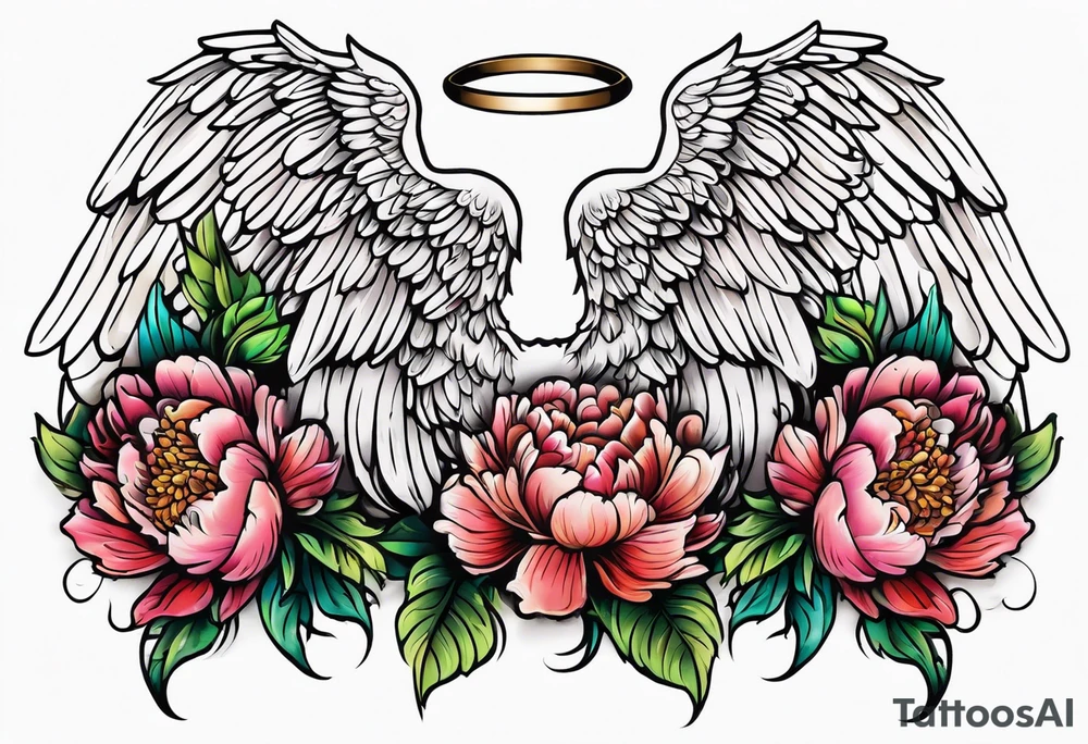 beautiful angel wings with colorful, peonies. beautiful flilligree in the background , full color, traditional old school , white background tattoo idea