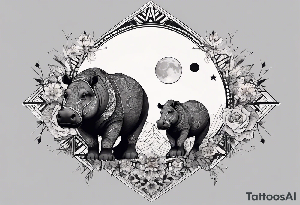 Very asymmetrical, +geometric pattern, with realistic full moon, with hippo,+tribal, +geometric, +inkart , +blackwork, +grey scale, + sketch
with wintersweet flower bud, +inkart touch, +for men, detailed , combined favourite , tattoo idea