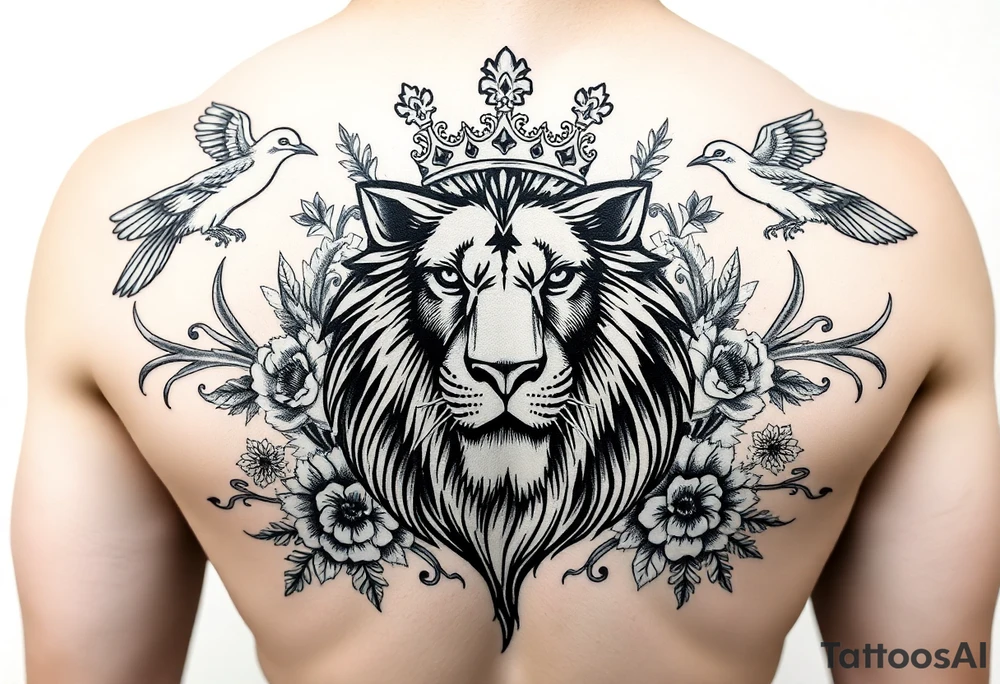 powerful majestic lion with a crown, surrounded by floral ornaments and birds tattoo idea