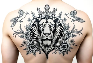 powerful majestic lion with a crown, surrounded by floral ornaments and birds tattoo idea