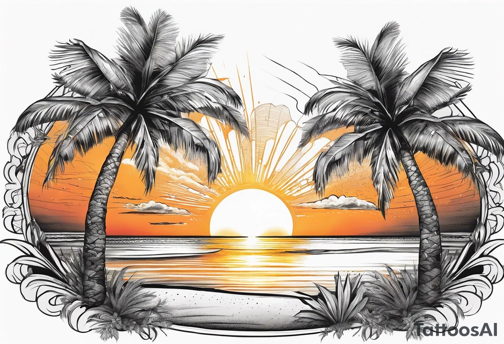 Circle: Sunset on beach palm trees tattoo idea