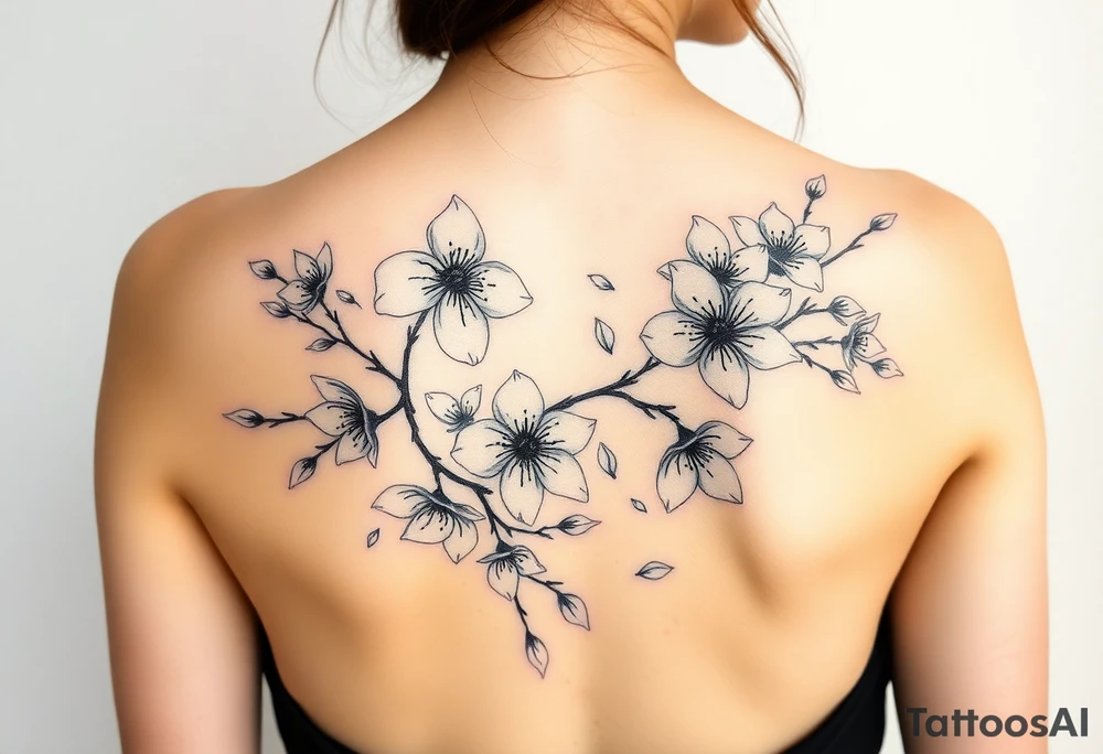 delicate cherry blossoms swirling in spring breeze with petals tattoo idea