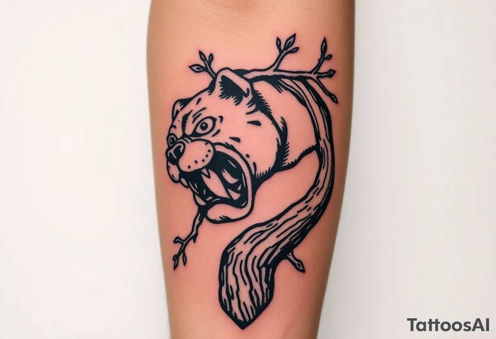 bulldog biting branch hanging from tree medieval woodcut tattoo idea