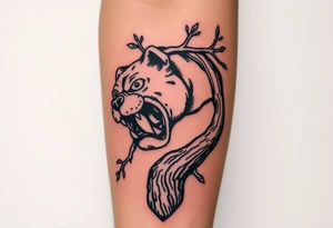 bulldog biting branch hanging from tree medieval woodcut tattoo idea
