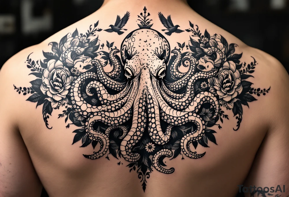 powerful majestic octopus, surrounded by floral ornaments and birds tattoo idea