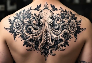powerful majestic octopus, surrounded by floral ornaments and birds tattoo idea
