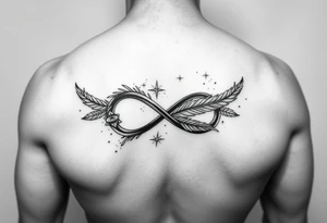 infinity symbol woven with floating feathers and stardust tattoo idea