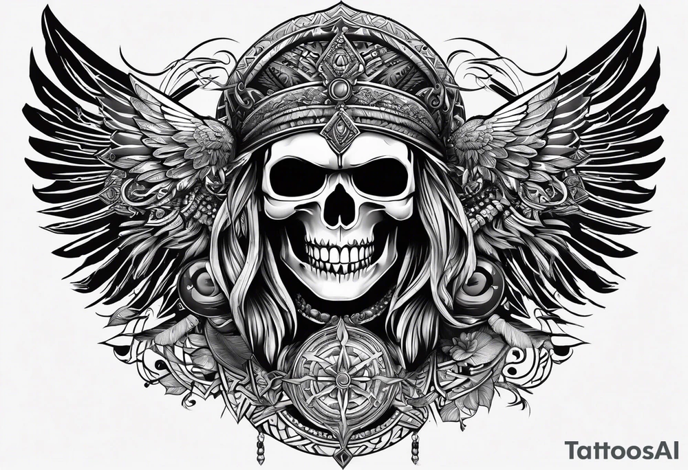 black kali, goddess pirate, alien, pachamama, valkrye, warrior, skull, lotus azul, wing, eagle, zenza resonance, stars, 5D tattoo idea
