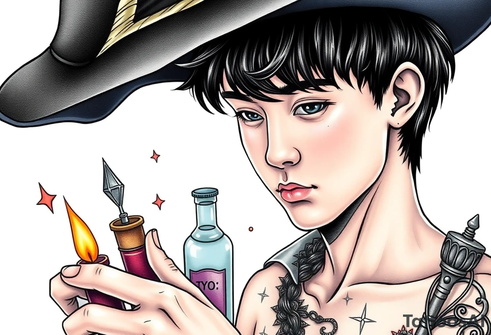 Handsome Asian young adult guy is  accidentally stumbled upon witch tools, supplies, artifacts, potions and exploring it curiously tattoo idea