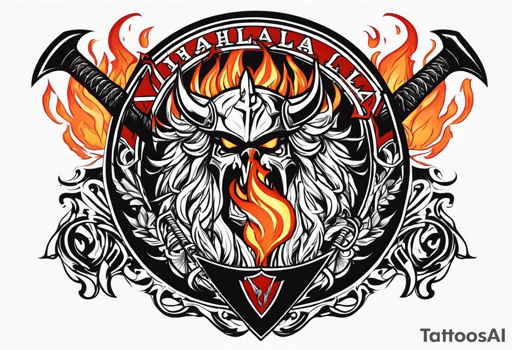 valhalla on fire sword shield axe tattoo idea
