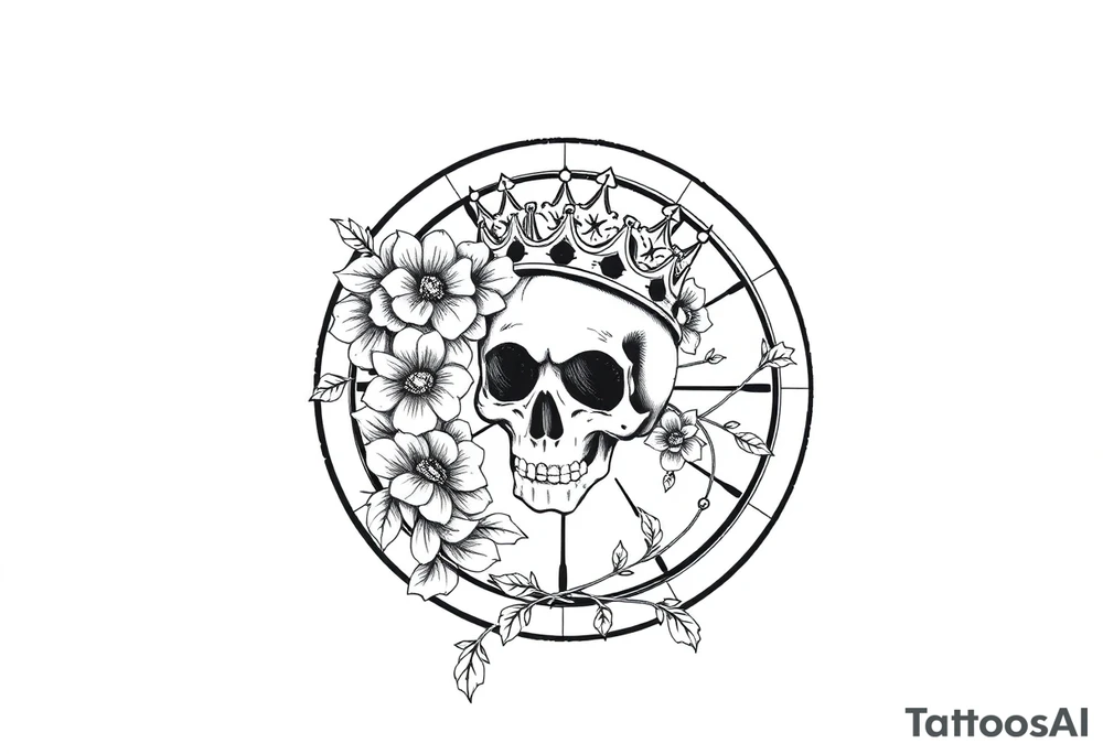 Compass with detailed beautiful gothic boho flowers on vine and skull with gorgeous crown tattoo idea