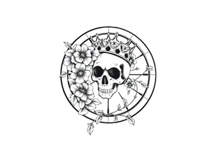 Compass with detailed beautiful gothic boho flowers on vine and skull with gorgeous crown tattoo idea