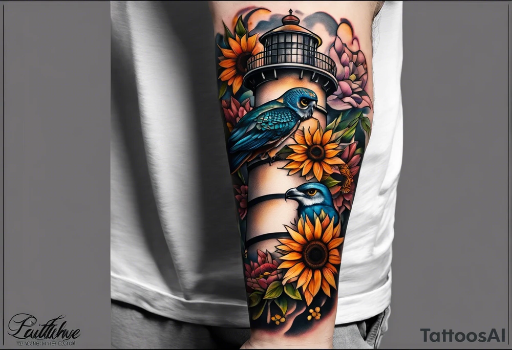 A lower forearm sleeve full colour coming down from a bicep with flowers joined with honeycombs, Mandela flowers, sunflowers, humming bird, and owl.  Lighthouse. tattoo idea