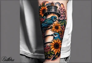 A lower forearm sleeve full colour coming down from a bicep with flowers joined with honeycombs, Mandela flowers, sunflowers, humming bird, and owl.  Lighthouse. tattoo idea