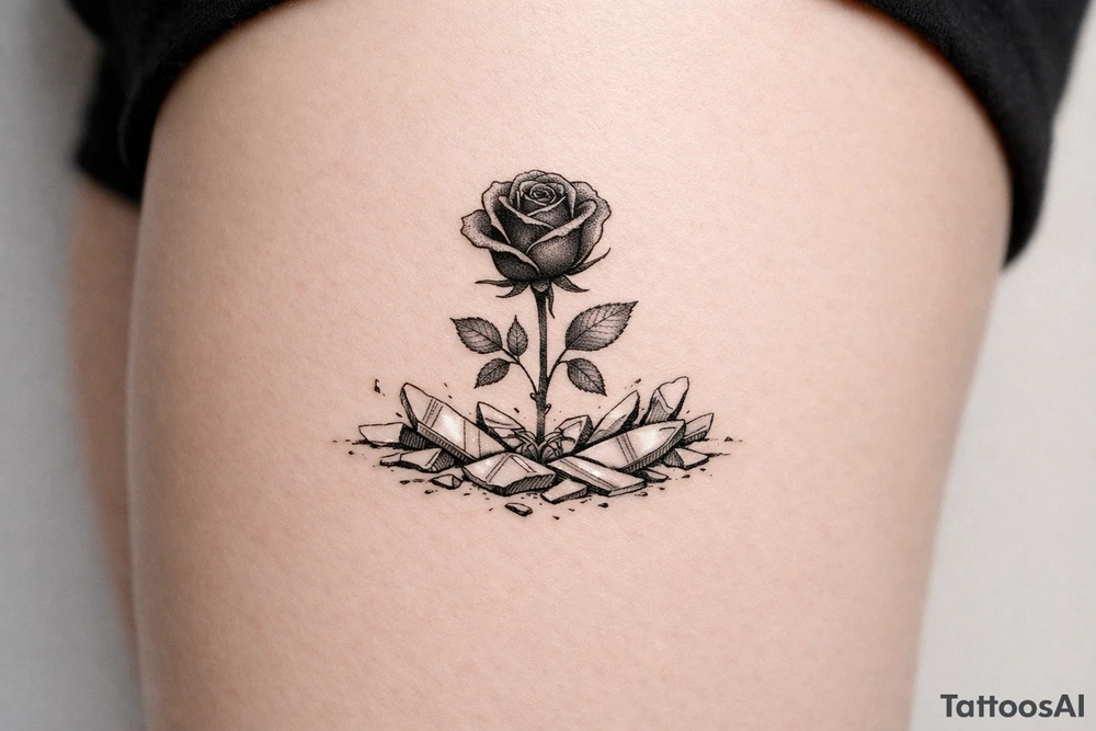 A single dark rose emerging from a field of mirror fragments. tattoo idea