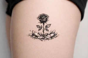 A single dark rose emerging from a field of mirror fragments. tattoo idea