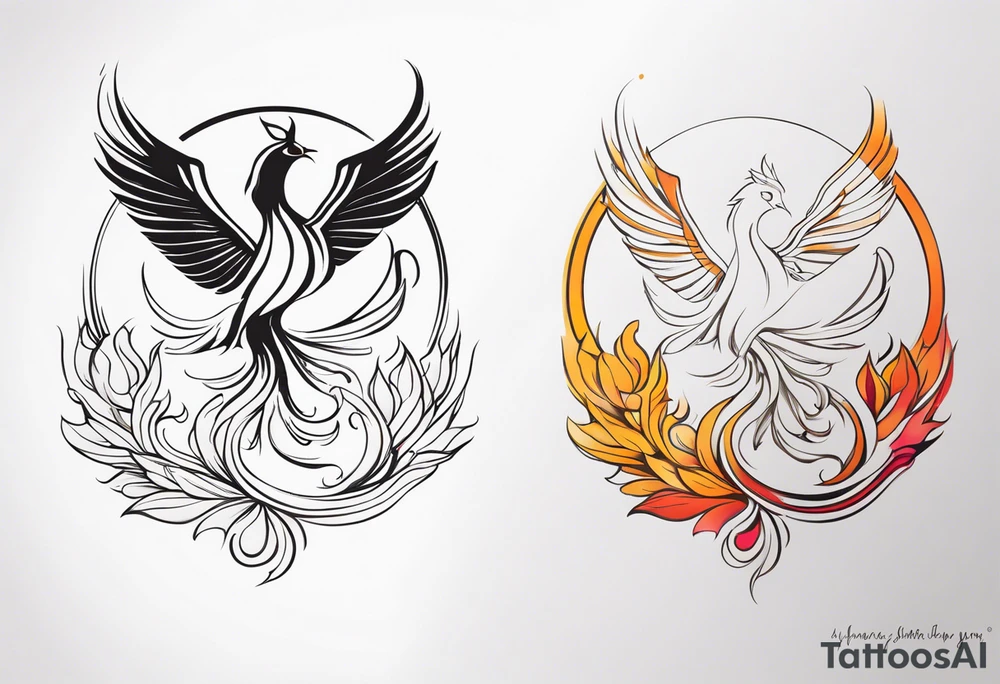 Phoenix avec symbole yin yang et fleur de lotus +lettres A et V tattoo idea
