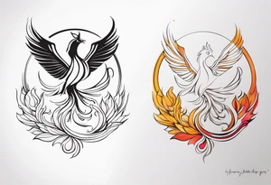 Phoenix avec symbole yin yang et fleur de lotus +lettres A et V tattoo idea