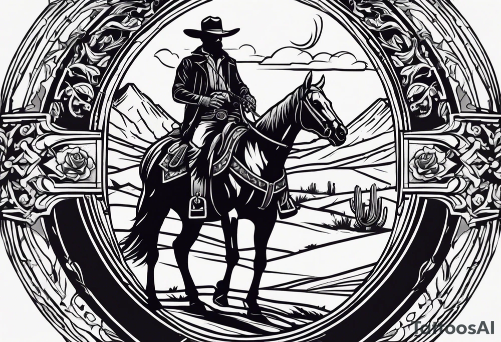 arm tattoo with a western background that has a horseman, skelleton in the middle with a revolver and red dead redemtion hat tattoo idea