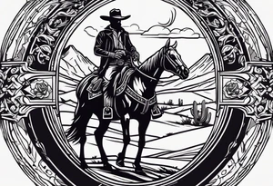 arm tattoo with a western background that has a horseman, skelleton in the middle with a revolver and red dead redemtion hat tattoo idea