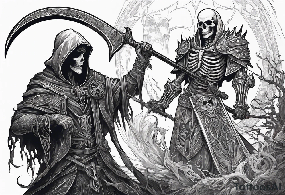 Necromancer holding a large scythe in 1 hand and raising a skeletal warrior under his other hand that is glowing tattoo idea