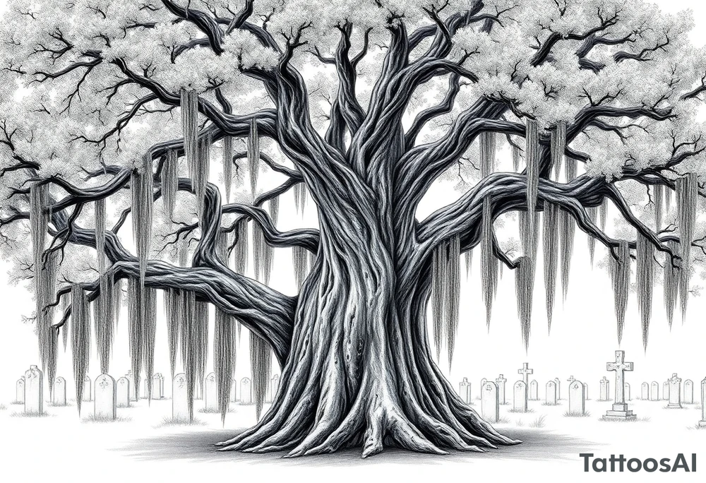 Laurel oak covered in Spanish moss in a cemetery tattoo idea